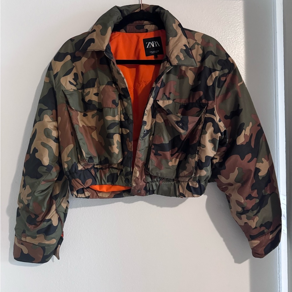 Zara Camouflage Cropped Jacket with Orange Lining